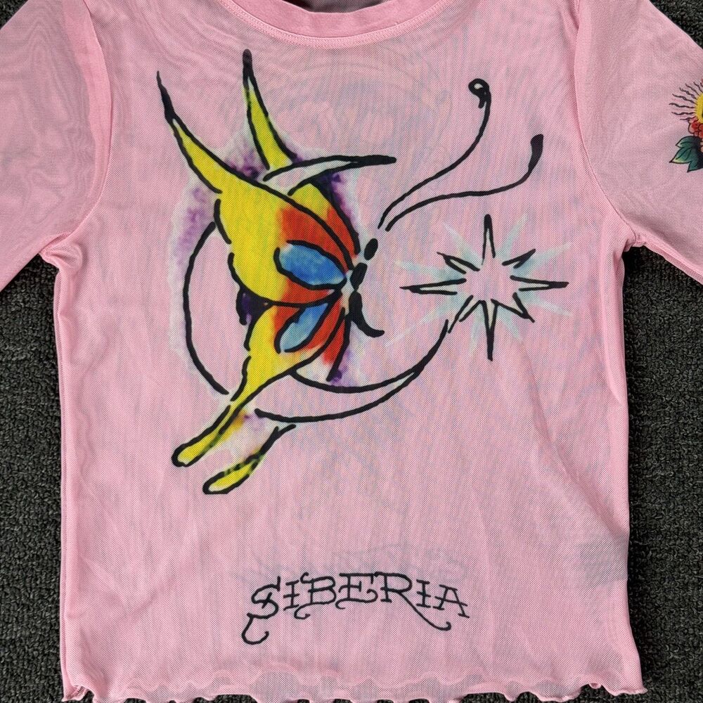 Ed Hardy X Siberia Halls Pink Mesh Tattoo Long Sleeve Top Size Sm Y2K Sheer - Picture 10 of 15